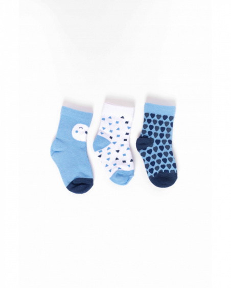 Set of three pairs of socks for baby boy in blue and white tones with fun prints