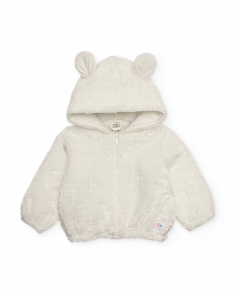 Fleece jacket for newborn in white with little ears on the hood