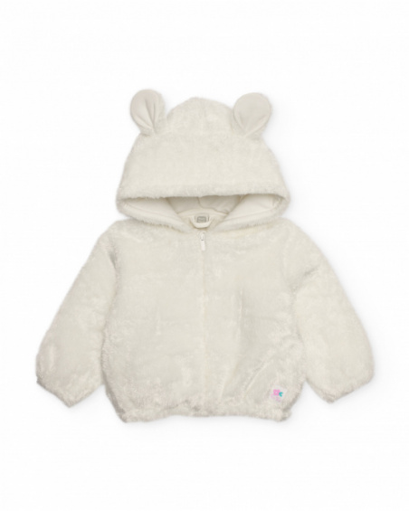 Plush jacket for baby in white with little ears on the hood