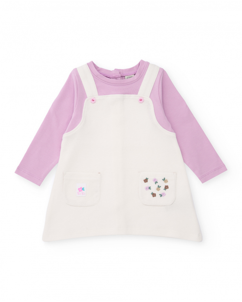Baby girl dress in lilac and off-white with embroidered pockets