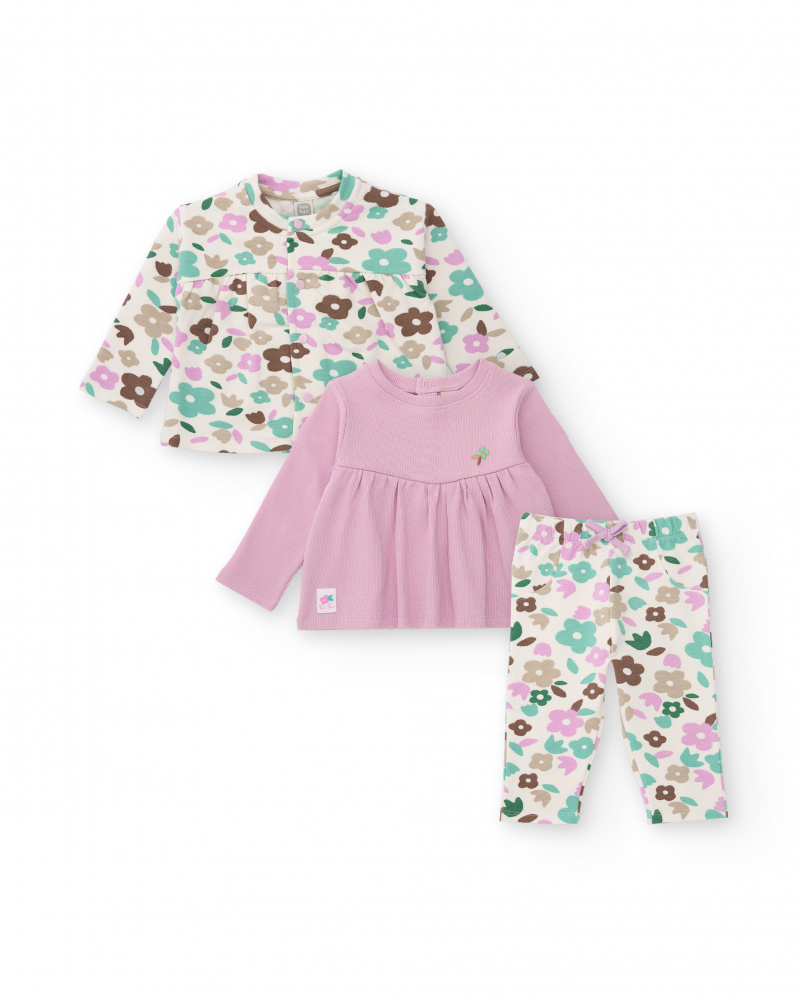 Three-piece set for baby girl with pastel floral print