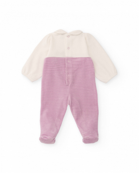 Velvet romper for baby girl in cream and lilac tones with embroidered face design.
