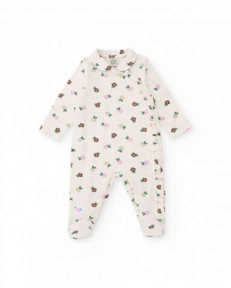 Cotton romper for baby girl with floral print in pastel tones.