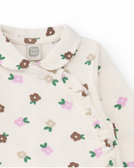 Cotton romper for baby girl with floral print in pastel tones.