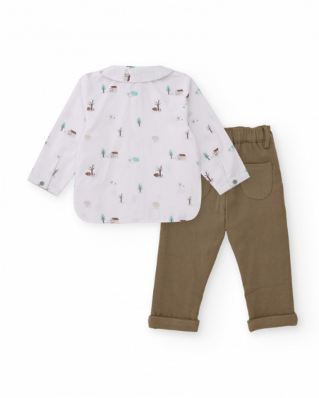 Baby boy shirt and pants set with little houses and trees print.