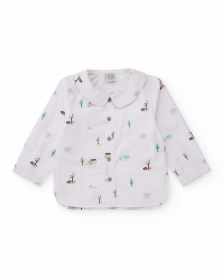 Baby boy shirt and pants set with little houses and trees print.