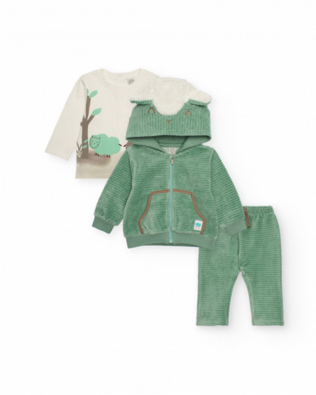Three-piece baby boy outfit in green and white with sheep design
