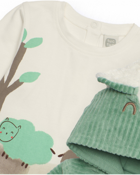 Three-piece baby boy outfit in green and white with sheep design