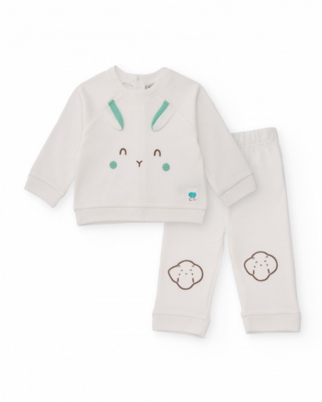 Baby boy outfit with white sweatshirt and pants featuring animal faces