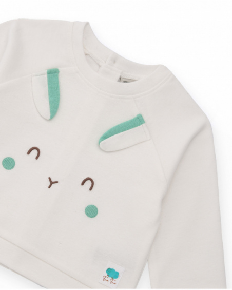 Baby boy outfit with white sweatshirt and pants featuring animal faces