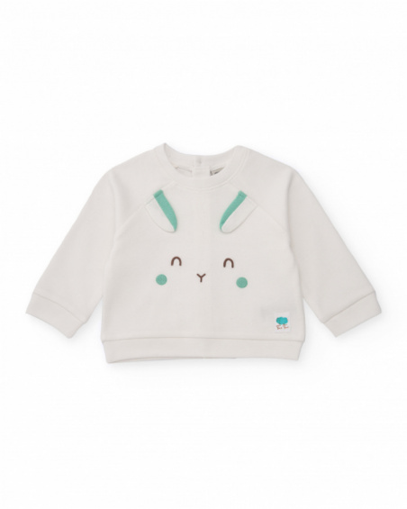 Baby boy outfit with white sweatshirt and pants featuring animal faces