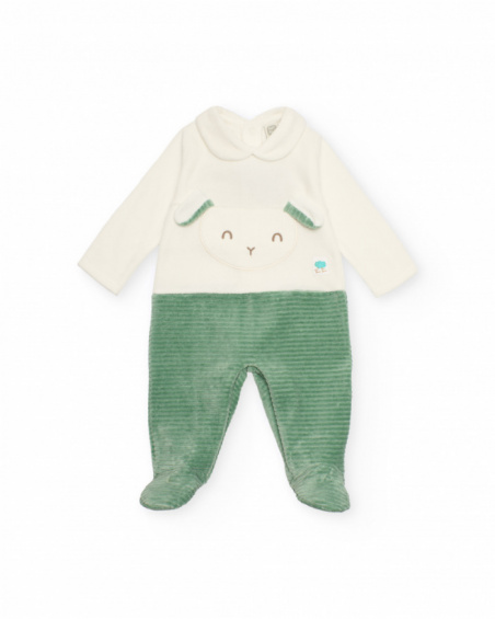 Velour romper for baby boy in green and white tones with face design
