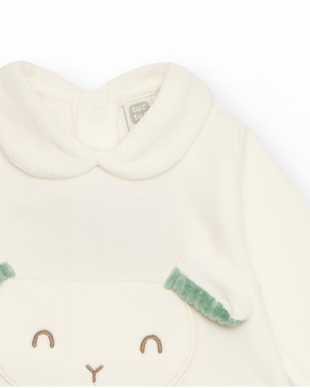 Velour romper for baby boy in green and white tones with face design