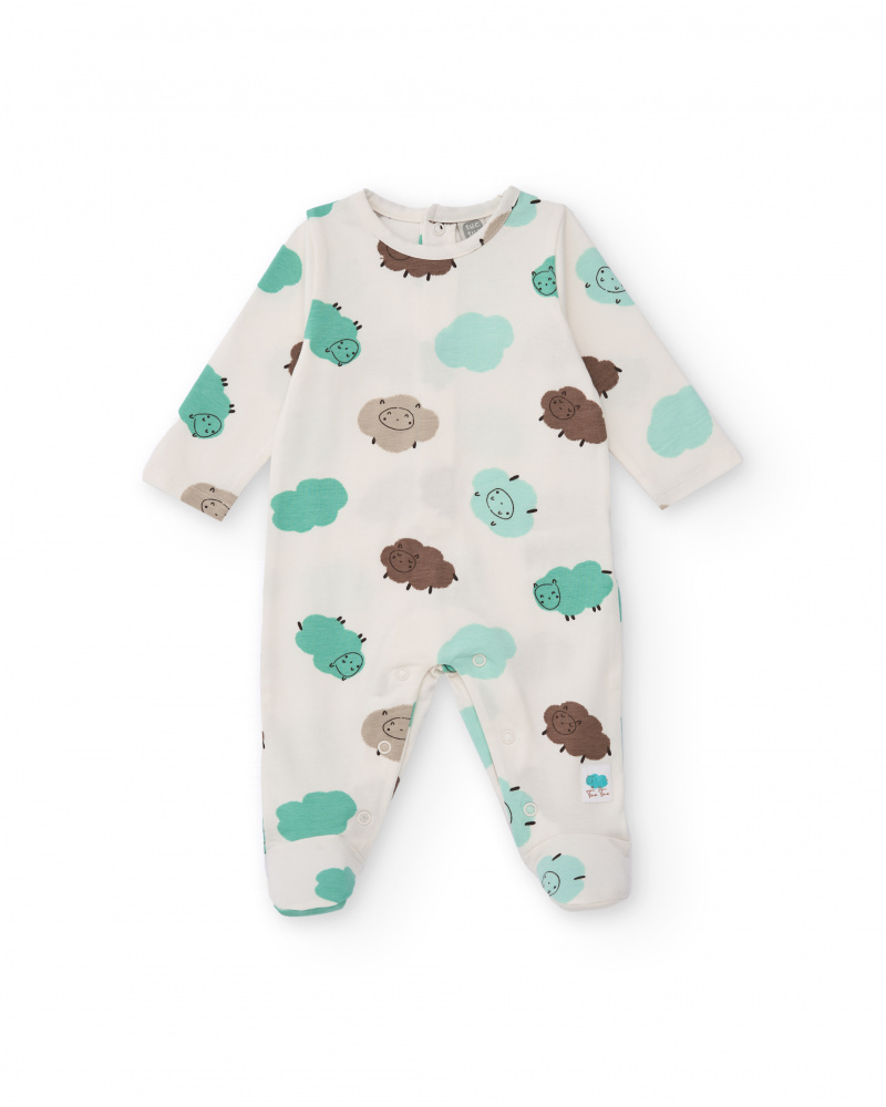 Cotton romper for baby boy with sheep print in green and brown tones
