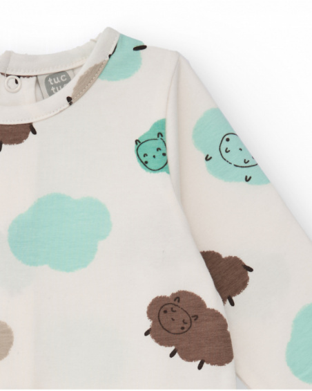 Cotton romper for newborn with little sheep print in green and brown tones