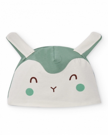Cotton hat for baby boy in green and white tones with smiling face design