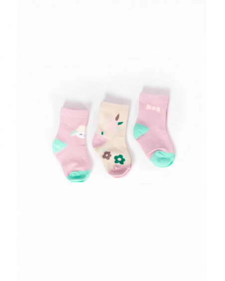 Set of 3 pairs of baby girl socks in pink and beige tones with assorted designs.