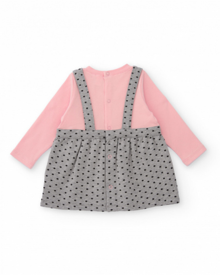 Baby girl dress in pink and grey with polka-dot straps and penguin detail