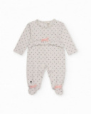 Knit romper for newborn in light gray with black polka dot print