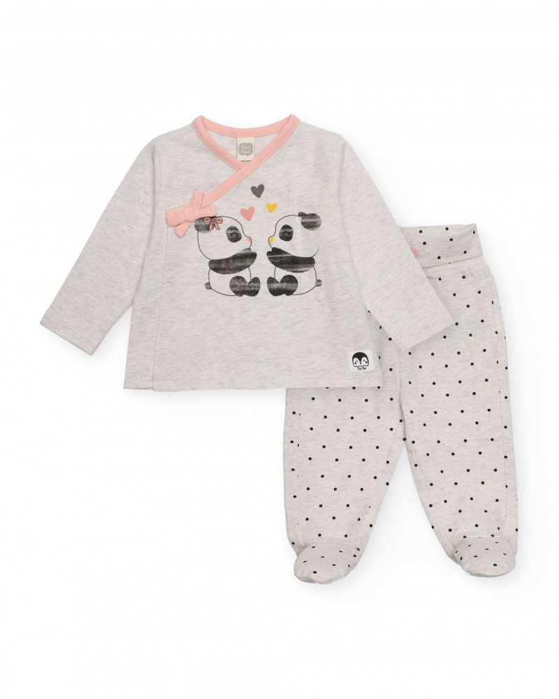 T-shirt and pants set for newborn in gray with pandas print and polka dot details.