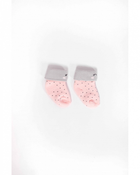 Pink baby girl socks with grey accents and polka dot print