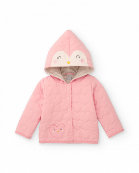 Quilted jacket for newborn in pink with decorated hood