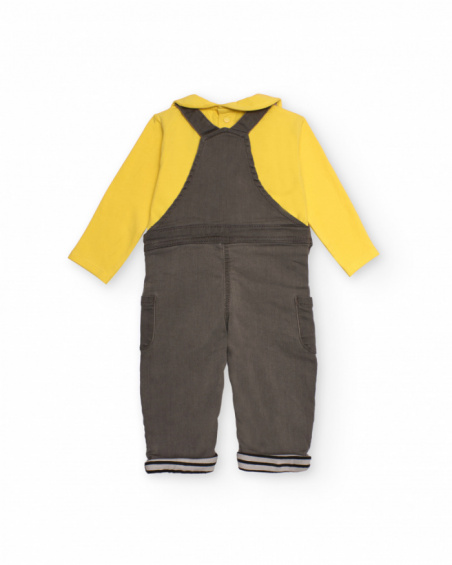 Set for newborn in yellow and gray with penguin embroidered dungarees