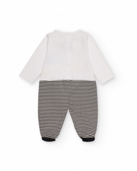 Knit romper for baby boy in white and black with penguin and landscape print