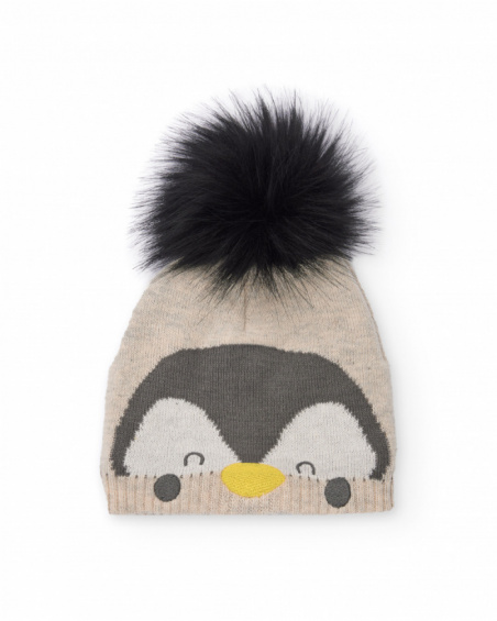 Knit hat for baby boy in beige with penguin design and black pom-pom