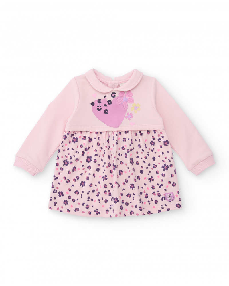 Knit dress for newborn in pink with heart and flowers design