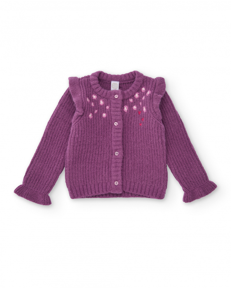 Knit sweater for girls in purple color with heart embroidery