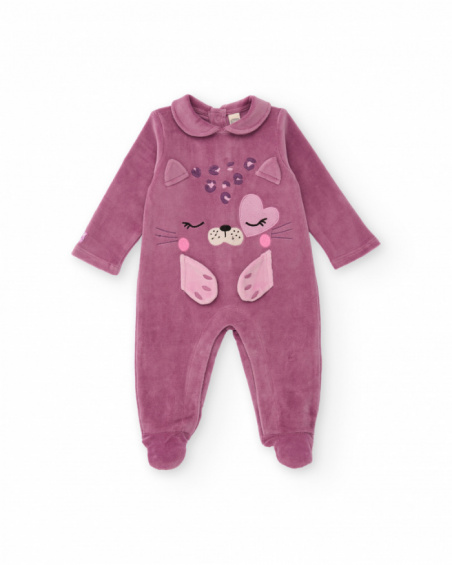 Fleece romper for girls in purple color with kitten face design