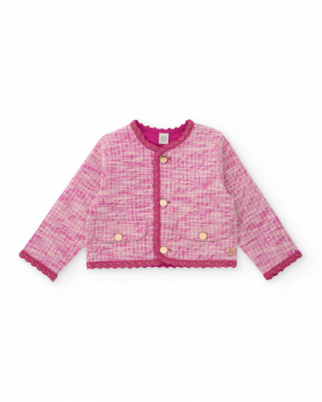 Pink jacket for girls with golden buttons.