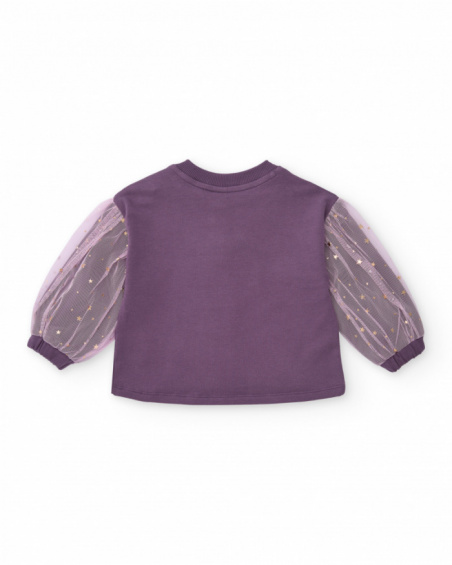 Knit blouse for girls in purple with printed tulle sleeves. Knit blouse for girls in purple with printed tulle sleeves.