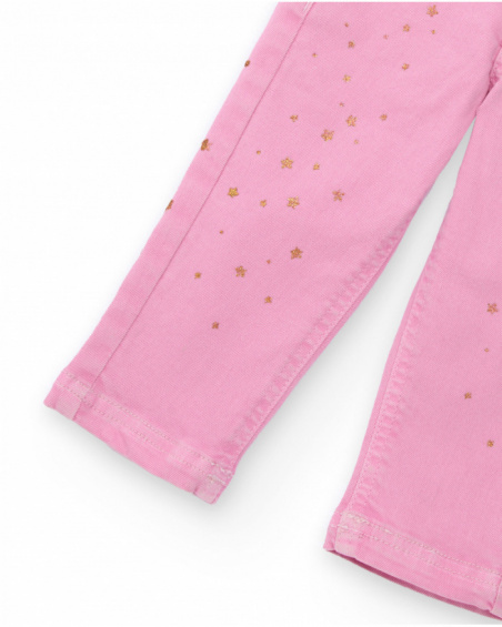 Long stretch twill pants for girls in pink with a golden star print.