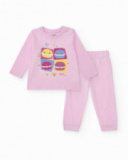 Knit pajamas for girls in pink with macaron print.