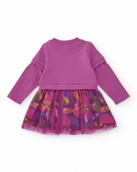 Knit dress for girls in magenta with printed tulle skirt.