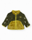 Plush jacket for girls in green and yellow tones with front zipper.