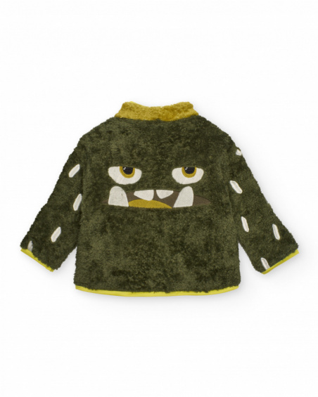 Plush jacket for girls in green and yellow tones with front zipper.