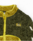 Plush jacket for girls in green and yellow tones with front zipper.