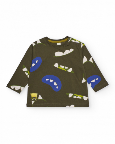 Long-sleeved T-shirt for boys in olive green with monster mouth print in vibrant colors.