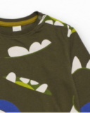Long-sleeved T-shirt for boys in olive green with monster mouth print in vibrant colors.
