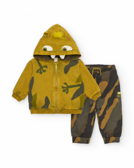 Boys' set with sweatshirt and pants in mustard and camouflage tones featuring a monster design.