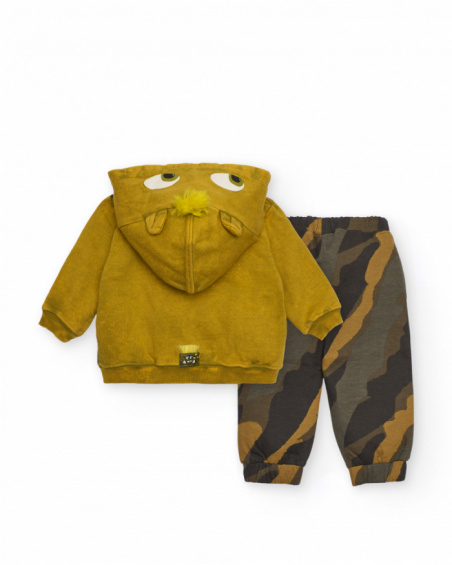 Boys' set with sweatshirt and pants in mustard and camouflage tones featuring a monster design.