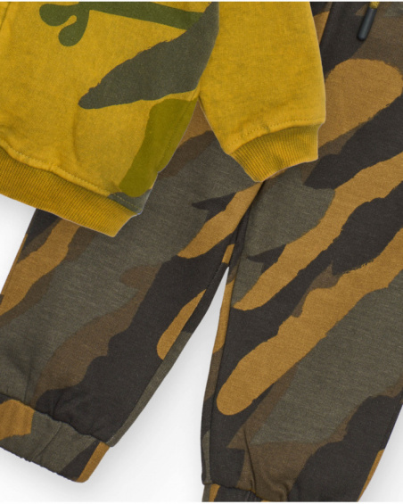Boys' set with sweatshirt and pants in mustard and camouflage tones featuring a monster design.