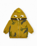 Mustard-colored sweatshirt for boys with monster design on the hood and camouflage print.