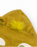 Mustard-colored sweatshirt for boys with monster design on the hood and camouflage print.