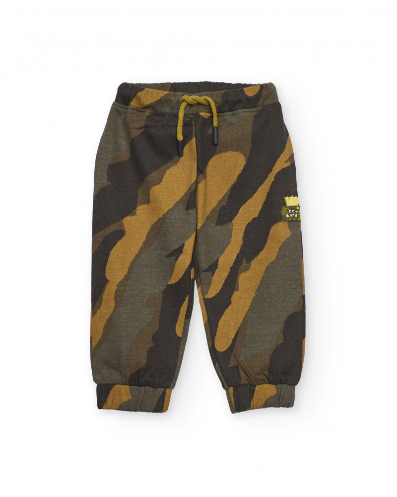 Jogger pants for boys with camouflage print in green and mustard tones.