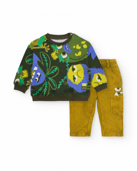 Boys' set with sweatshirt printed with fun creatures and mustard-colored pants.
