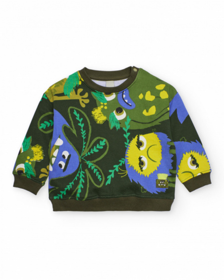 Green sweatshirt for boys with print of creatures in vibrant colors.